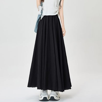 Elastic Waist Plain Maxi A-Line Skirt