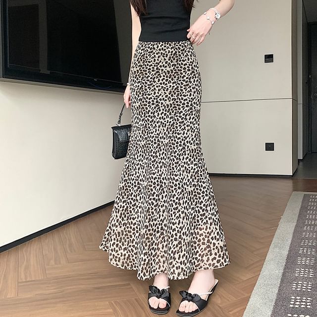 High Waist Leopard Print Maxi Mermaid Skirt