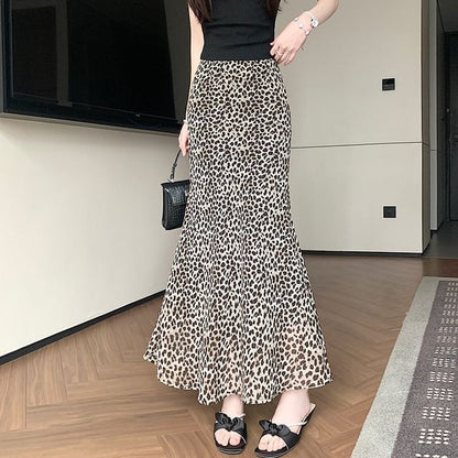 High Waist Leopard Print Maxi Mermaid Skirt