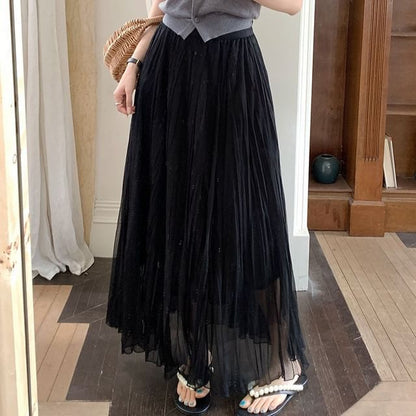 High Waist Plain Mesh Maxi A-Line Skirt