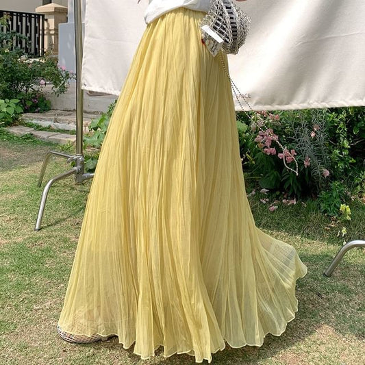 High Waist Plain Mesh Maxi A-Line Skirt