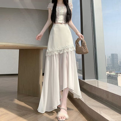 High Waist Plain Asymmetrical Lace Panel Mesh Maxi A-Line Skirt