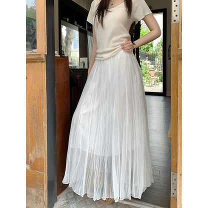 High Waist Plain Mesh Maxi A-Line Skirt