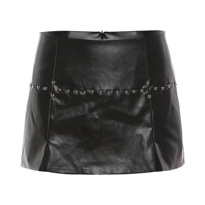 Short-Sleeve Cutout Crop top / Low Waist Faux Leather Mini Skirt