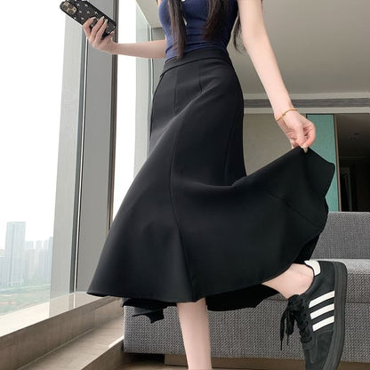 High Waist Plain Midi Mermaid Skirt
