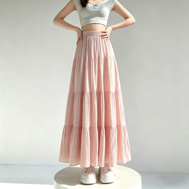 High Waist Plain Midi A-Line Skirt