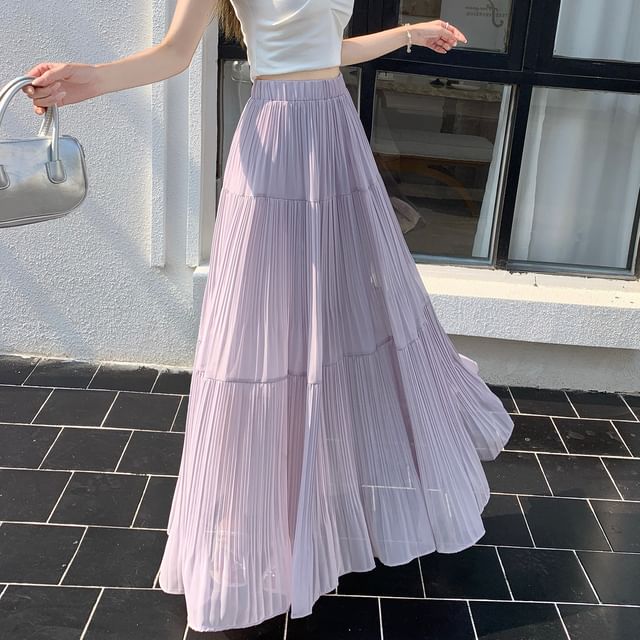 High Waist Plain Accordion Pleated Maxi A-Line Skirt