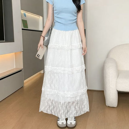 High Waist Tiered Lace Maxi A-Line Skirt