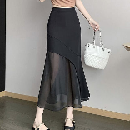 High Waist Asymmetrical Mesh Panel Midi Mermaid Skirt