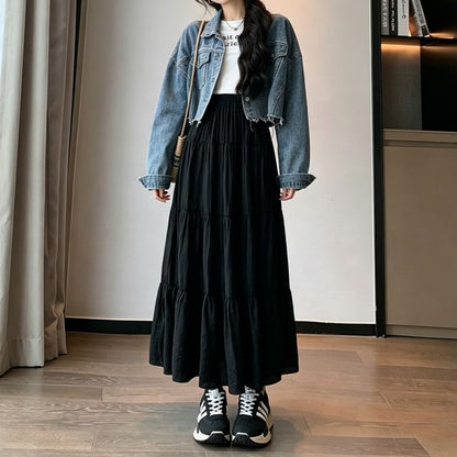 High Waist Plain Midi A-Line Skirt