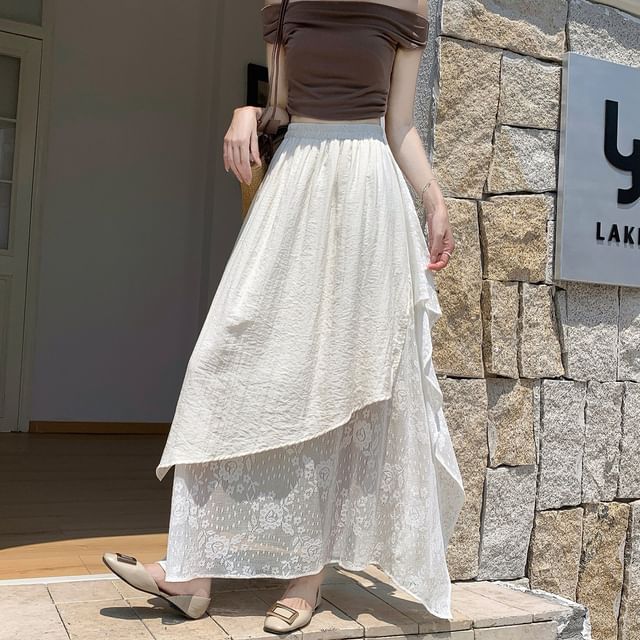 High Waist Asymmetrical Lace Panel Maxi A-Line Skirt