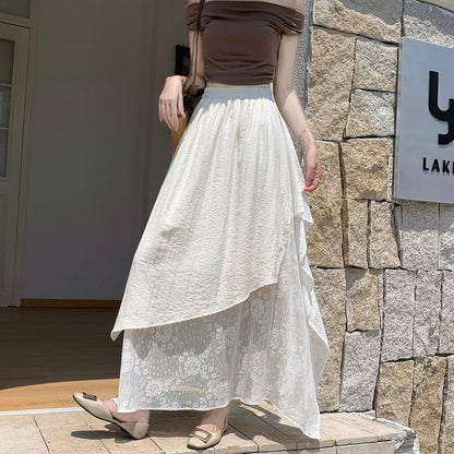 High Waist Asymmetrical Lace Panel Maxi A-Line Skirt