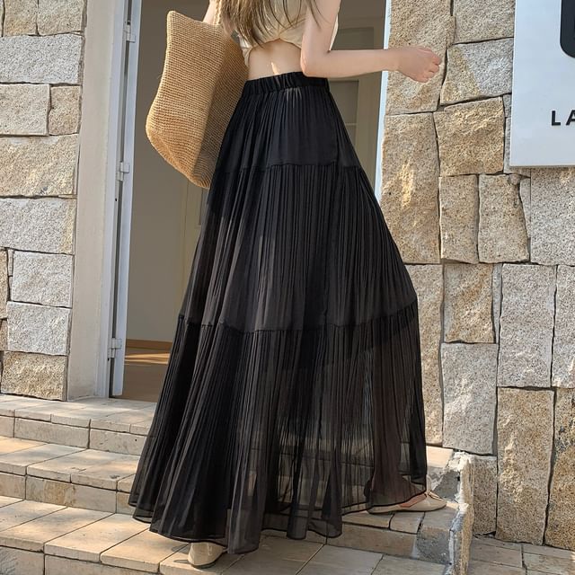 High Waist Plain Accordion Pleated Maxi A-Line Skirt