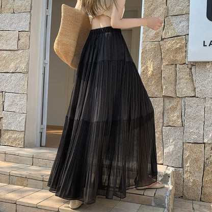 High Waist Plain Accordion Pleated Maxi A-Line Skirt