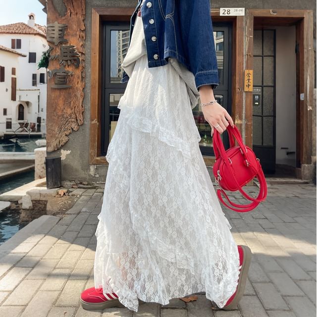 High Waist Asymmetrical Tiered Lace Maxi A-Line Skirt