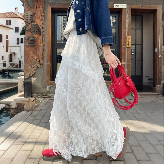 High Waist Asymmetrical Tiered Lace Maxi A-Line Skirt