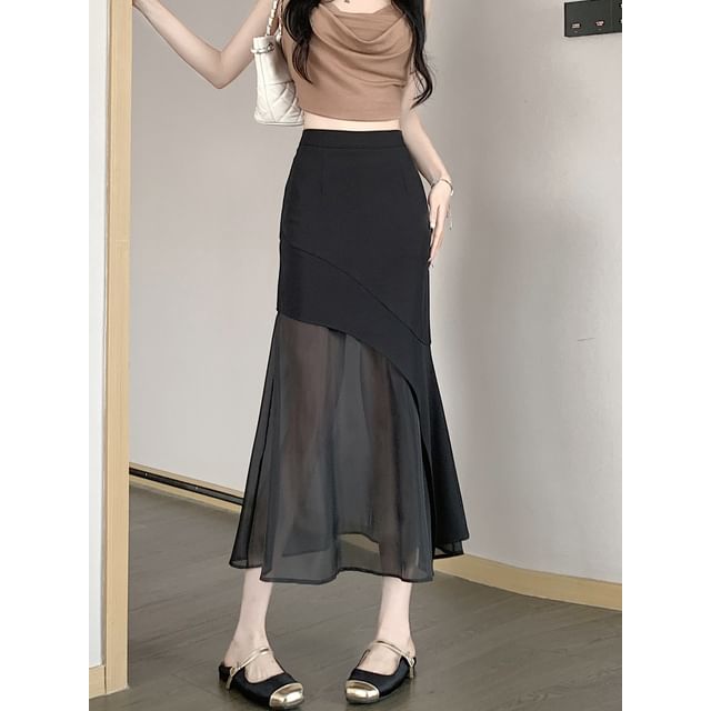 High Waist Asymmetrical Mesh Panel Midi Mermaid Skirt