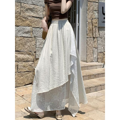 High Waist Asymmetrical Lace Panel Maxi A-Line Skirt