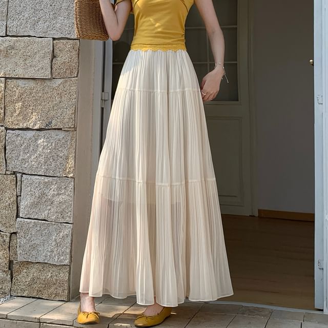 High Waist Plain Accordion Pleated Maxi A-Line Skirt