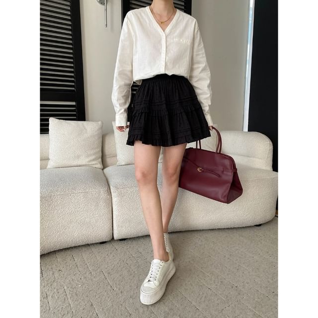 Elastic Waist Plain Ruffle Mini A-Line Skirt