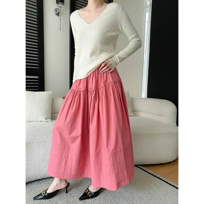 Elastic Waist Plain Striped Maxi A-Line Skirt