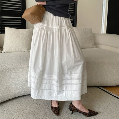 Elastic Waist Plain Striped Maxi A-Line Skirt