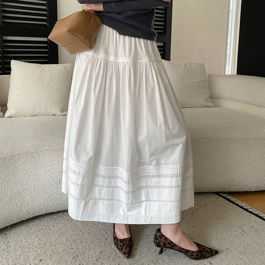 Elastic Waist Plain Striped Maxi A-Line Skirt