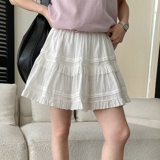 Elastic Waist Plain Ruffle Mini A-Line Skirt