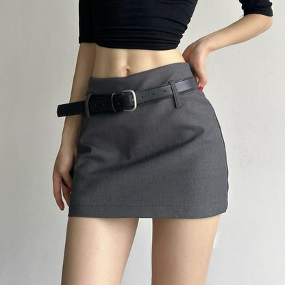 Set: Mid Rise Plain Mini Pencil Skirt + Belt