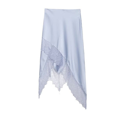 High Waist Plain Lace Trim Asymmetrical Midi A-Line Skirt