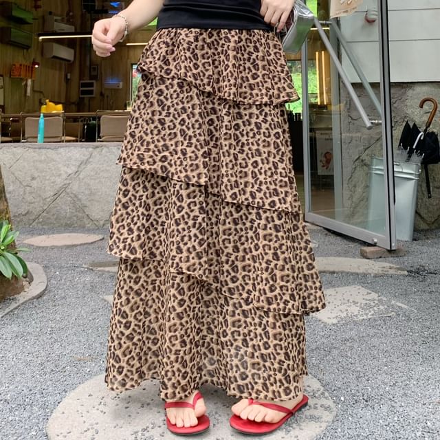 Elastic Waist Leopard Print Maxi Tiered Skirt