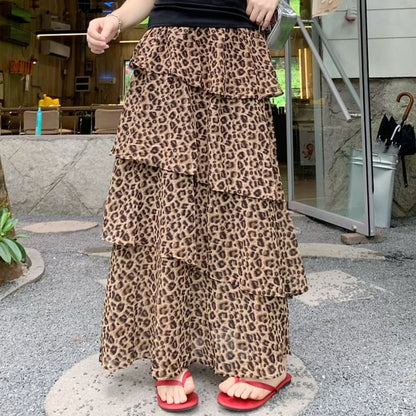Elastic Waist Leopard Print Maxi Tiered Skirt