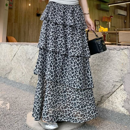 Elastic Waist Leopard Print Maxi Tiered Skirt