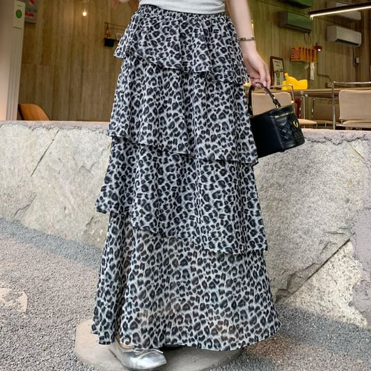 Elastic Waist Leopard Print Maxi Tiered Skirt