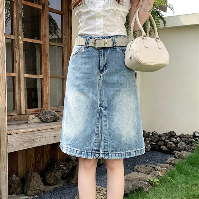 Mid Rise Washed Denim A-Line Skirt