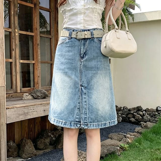 Mid Rise Washed Denim A-Line Skirt