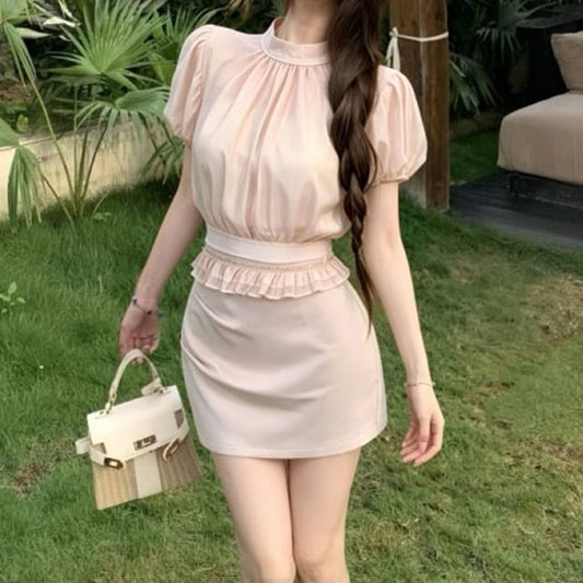 Puff Short Sleeve Stand Collar Plain Ruffle Blouse / Crop Camisole Top / High Waist Plain Ruched Mini Pencil Skirt / Set