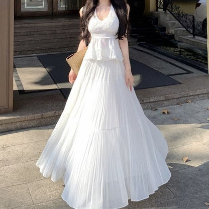 Halter Plain Ruffle Panel Lace Top / High Waist Pleated Tiered Maxi A-Line Skirt