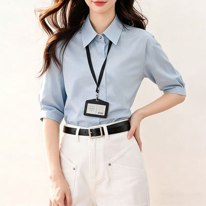 Elbow Sleeve Button-Down Solid Shirt