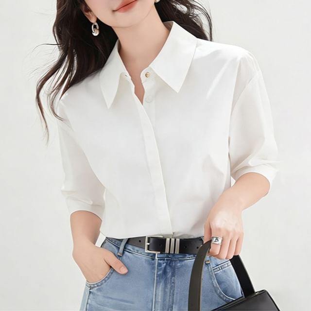 Elbow Sleeve Button-Down Solid Shirt