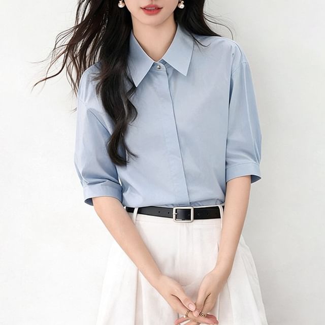 Elbow Sleeve Button-Down Solid Shirt