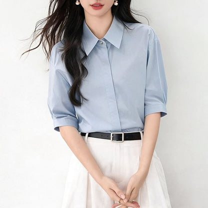Elbow Sleeve Button-Down Solid Shirt