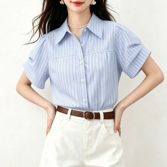 Short Sleeve Button-Down Striped Blouse