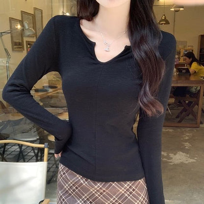 Notch Neck Long Sleeve Solid T-Shirt