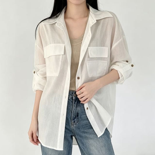 Drop Shoulder Long Sleeve Sheer Shirt