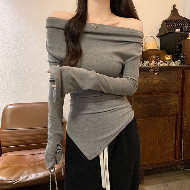 Flared Sleeve Asymmetrical Off Shoulder Top