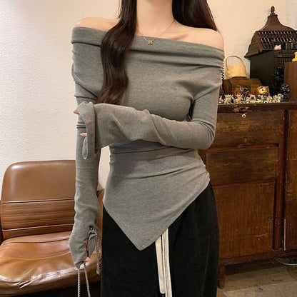 Flared Sleeve Asymmetrical Off Shoulder Top