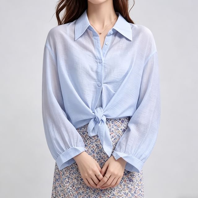 Long Sleeve Back Slit Plain Shirt