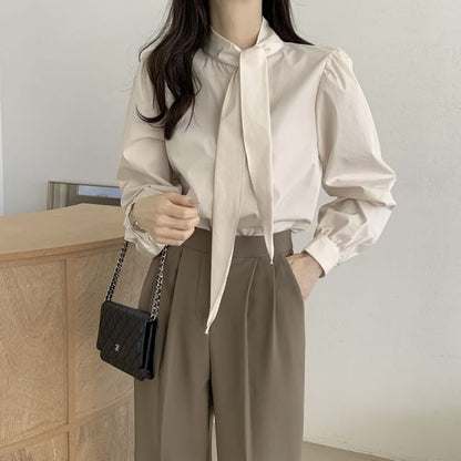 Puff Sleeve Tie Neck Solid Blouse