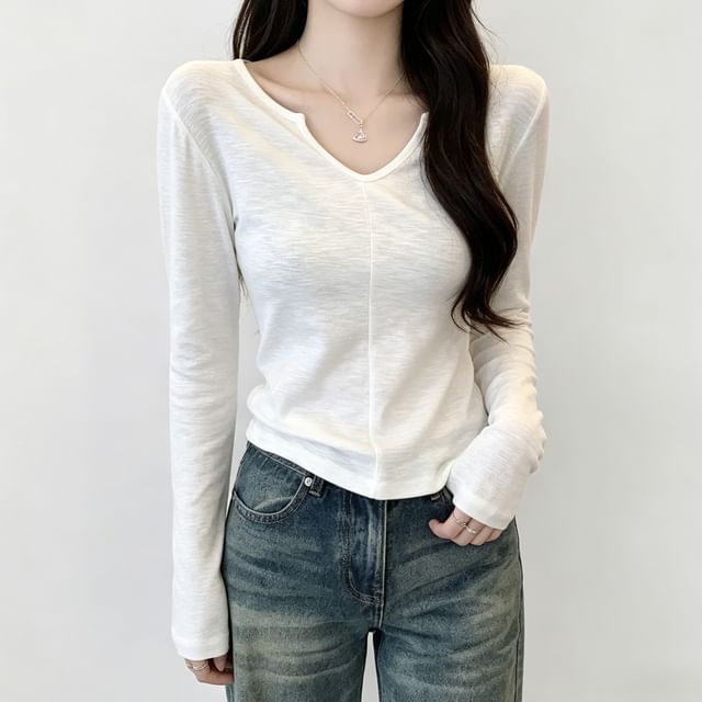 Notch Neck Long Sleeve Solid T-Shirt